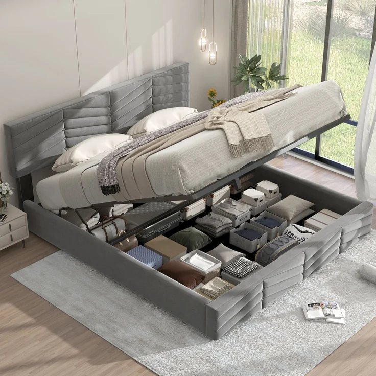 Novelux Polsterbett 180x200 cm mit Stauraum und Lattenrost – hydraulisches Samtbett in Grau, Doppelbett mit höhenverstellbarem Kopfteil – Bild 1