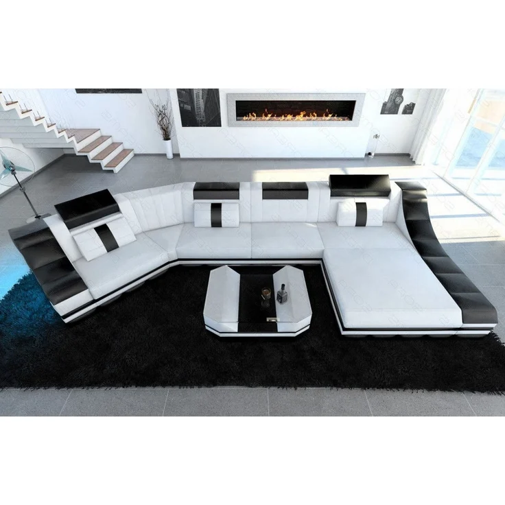 Mini Luxus Wohnlandschaft Turino C-Form mit LED - Echtleder - Weiß-Schwarz - Rechts – Bild 4