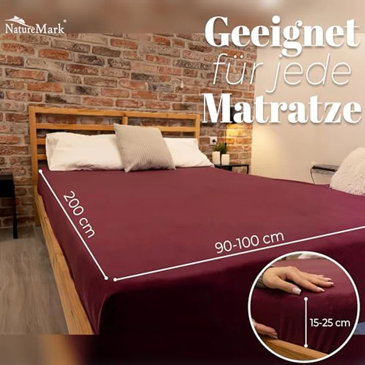 NatureMark Spannbettlaken Winter Thermo Fleece Spannbetttuch, 80% Baumwolle und 20% Polyester, Gummizug: rundum, (1 Stück), 90x190 bis 100x200 cm - Bordeaux rot – Bild 5