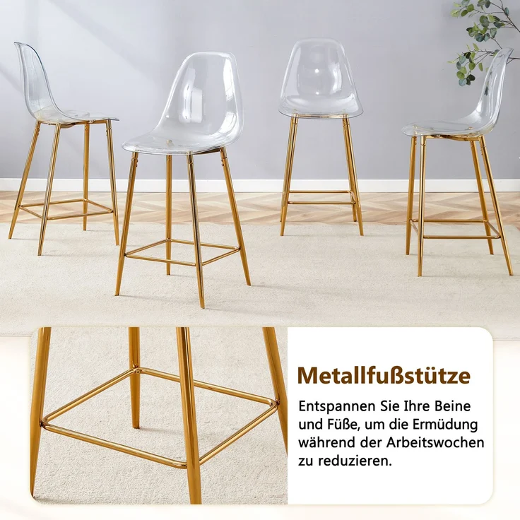 Transparente Barhocker Set, 2er Pack, mit Metallgestell in Silber/Gold/Schwarz, Moderne Design-Stühle für Küche, Bar oder Esszimmer (Nur Stühle, ohne Tisch)--Gold2--51x45x102cm--YOUDENOVA – Bild 5