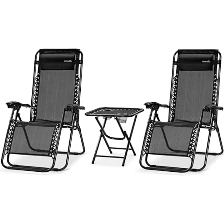 SereneLife Sonnenliege Wetterfest, Gartenliege Wetterfest zum Liegen, Loungesessel Verstellbar für Balkon, Garten, Terrasse & Camping mit Tisch, Kopfkissen & Getränkehalter, Deckchair, Gartenstuhl – Bild 2