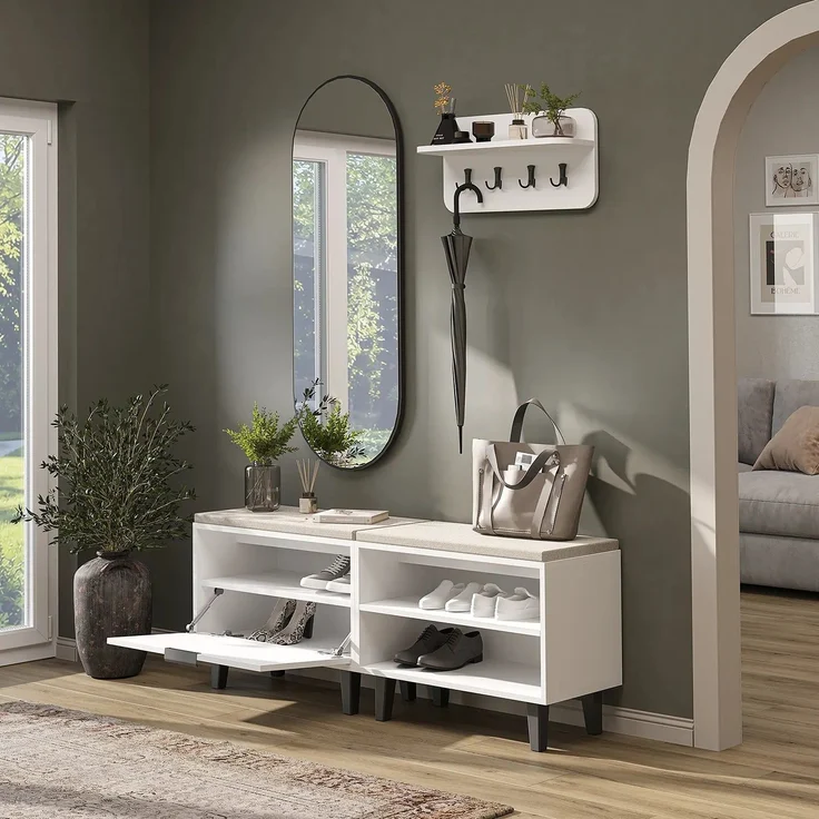 Roomart NORD Garderobenset 4-teilig – Sitzbank offen & mit Schuhklappe, Wandgarderobe & ovaler Spiegel – Flurgarderobe – H 53 x B 73.6 x T 35 cm (Sitzbank) • Weiß – Bild 4