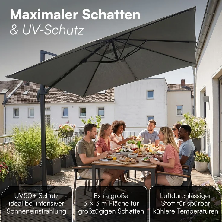 STEELSØN 'Lyrion' Sonnenschirm 300x300 cm quadratisch, neigbar und 360-Grad drehbar, anthrazit, Ampelschirm inkl. Abdeckung, UV50+ – Bild 8