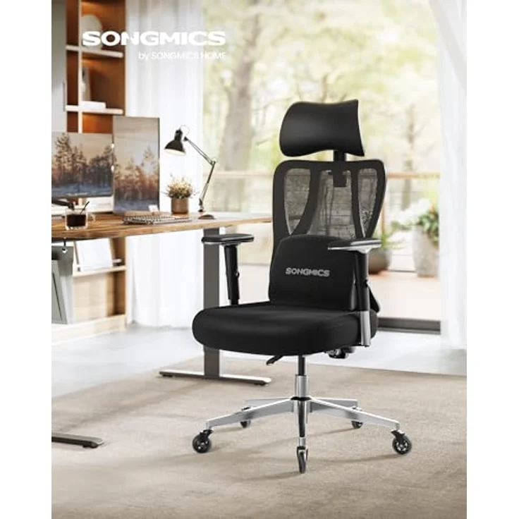 SONGMICS Bürostuhl ergonomisch, Schreibtischstuhl, Gaming-Stuhl, verstellbare Lenden-, Kopfstütze, Armlehnen, für Verschiedene Körpergröße, bis zu 150 kg belastbar, tintenschwarz OBN067BH01 – Bild 3