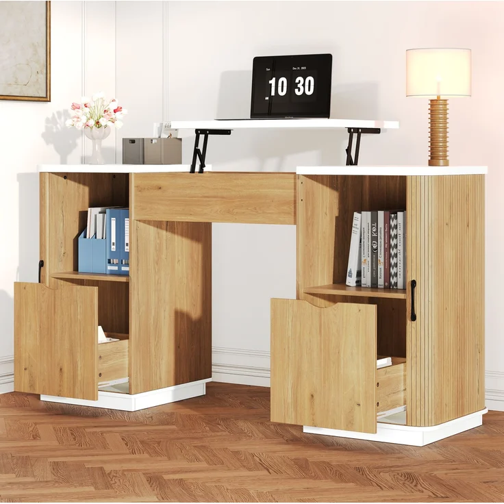 Schreibtisch 140×50×92 cm, manuell höhenverstellbar, mit 2 Schubladen und 2 offenen Fächern – Bild 3