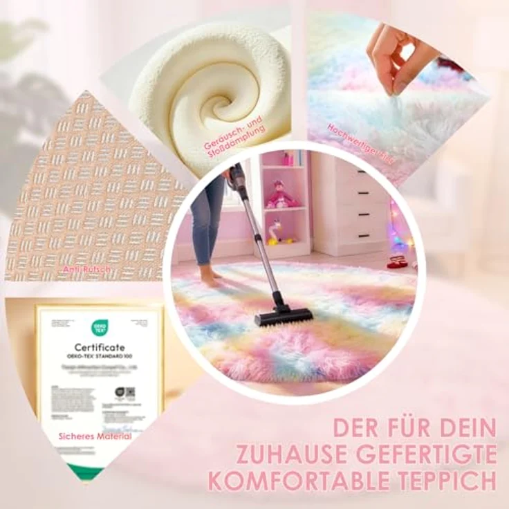 ROHATIM Teppich Schlafzimmer Rund 150 cm Regenbogen Waschbar Rutschfester Runder Hochflorteppich Wohnzimmer Kinderzimmer Mädchen Flauschig – Bild 7