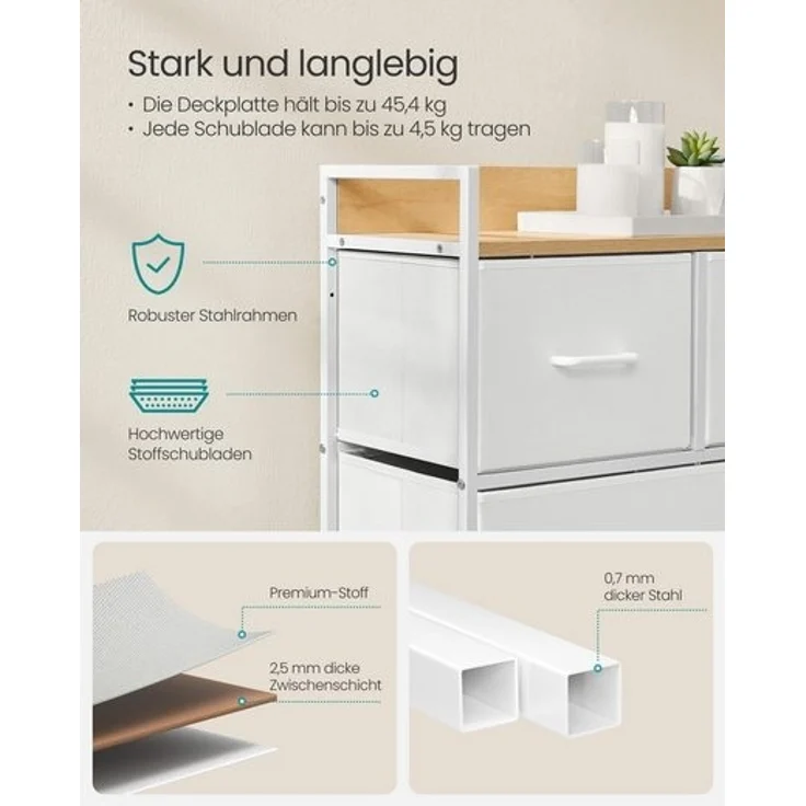 Songmics Kommode, 5 Stoff-Schubladen mit Griffen, MDF / Stahl wolkenweiß-eichenbeige, 70 x 29 x 98,2 cm – Bild 3