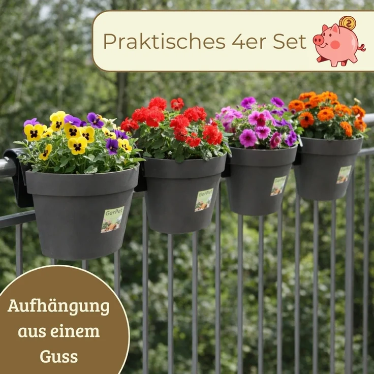 GarPet Balkonkasten 4er Set Geländertopf Balkon Wasserspeicher Blumen Topf Zaun Anthrazit – Bild 9