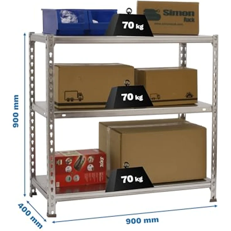 Simon Rack Ecoclick Regal mit 3 Ebenen, 70 kg Tragkraft und Biegepunkt, 900 x 900 x 400 mm, Schwerlastregal, Garagenregal, verzinkt – Bild 3