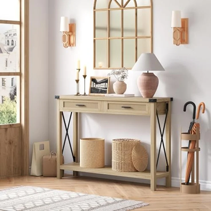 GarveeHome Flurtisch, Konsolentisch Mit Rattan-Schubladen, Sofatisch Mit 2 Ablageflächen, Einzigartiges x-Förmiges Design, Ideal Für Flur, Wohnzimmer, Diele, 110 x 30 x 78 cm,Holzfarbe – Bild 2
