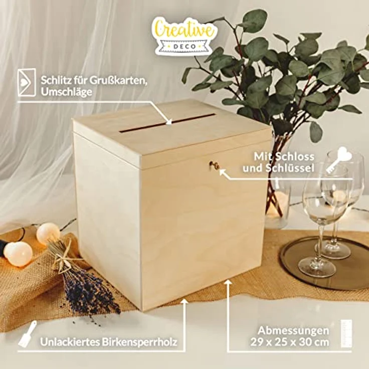 Creative Deco Dekokiste Kartenbox Hochzeit 29x25x30 cm Geschenkkarten Box Geldbox Briefbox, mit Deckel, Schloss und Schlüssel – Bild 6