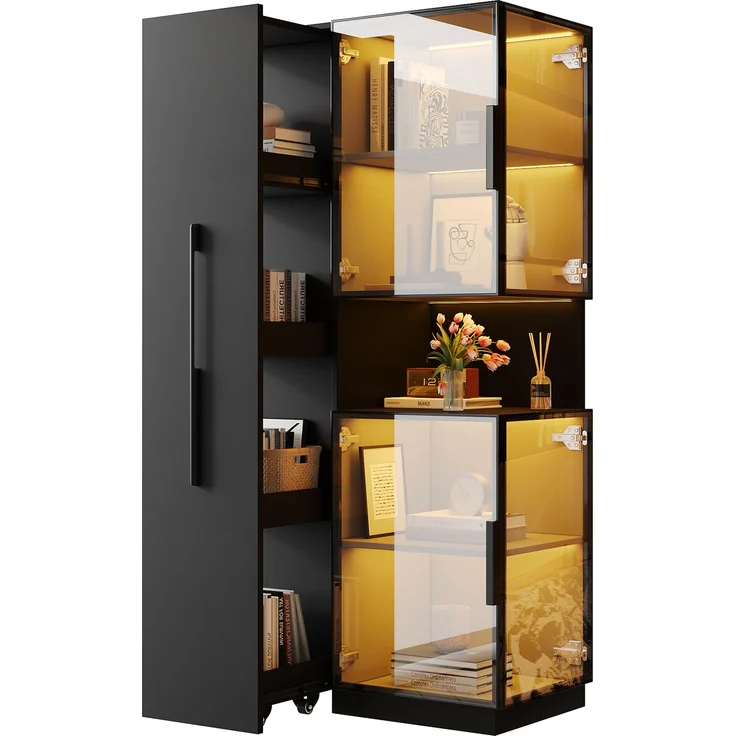 Vitrine 70x38x160 cm in Schwarz mit Hartglas, Ausziehregalen und LED-Beleuchtung – Bild 4