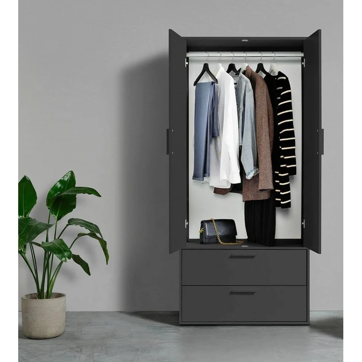 mokebo Kleiderschrank Der Kleiderheld (80x180x51 cm, 2-türig & 2 Schubladen) Made in Germany, Garderobenschrank, Schlafzimmerschrank in Schwarz