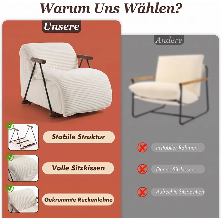 LVHOM Relaxsessel mit Lattenrost, ergonomischer Fernsehsessel, gepolsterter Loungesessel mit Armlehnen, XXL Lesesessel für Wohn- und Schlafzimmer, Cord Beige – Bild 5
