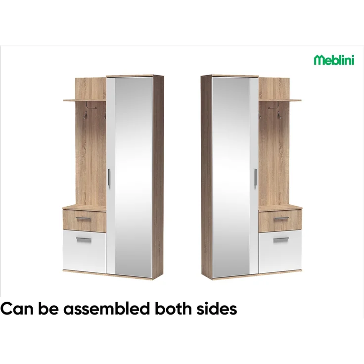 MEBLINI Garderobenschrank LUXOR 97cm - Sonoma Eiche/Weiß - mit Spiegel - 97x30x195cm R/L - Garderobe Schrank - Flurgarderobe schmal - Garderobe Flur Möbel Set - Flurschrank hoch – Bild 2