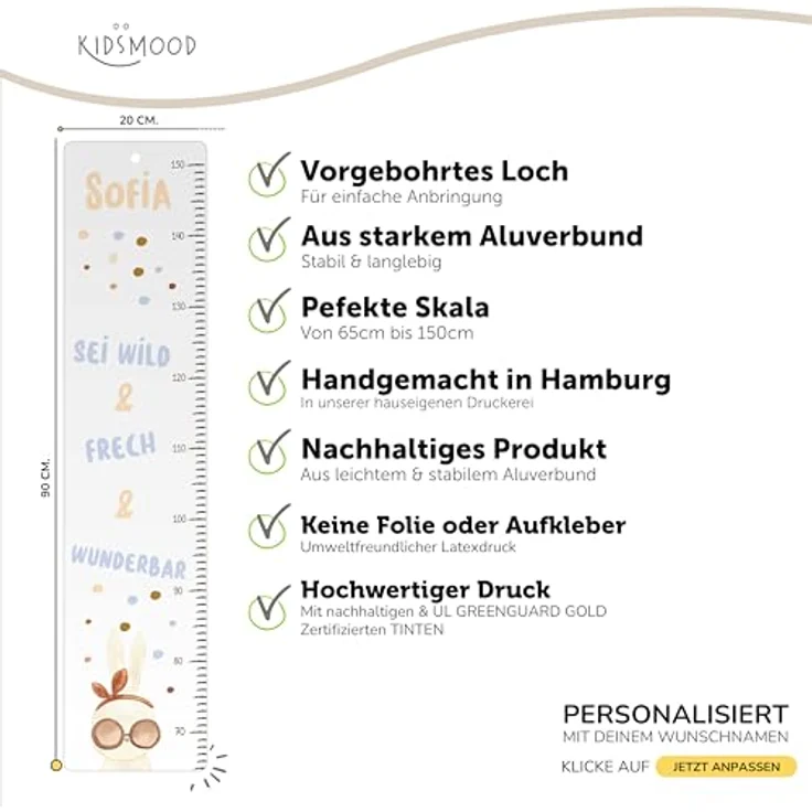 KIDSMOOD - Messlatte für Kinderzimmer Personalisiert, 70-140 cm - Messlatte Kinder Holz personalisiert Mit Namen für Baby- & Kleinkinderzimmer - Individuelles Geschenk für Kinder und Babys zum Geburt – Bild 9