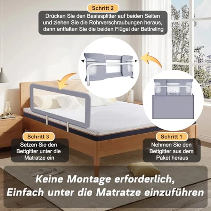 YIKANWEN Tragbare Bettgitter 150cm, Bettschutzgitter für Kinder ab 0 Monate-10 Jahren, Rausfallschutz für Kinderbetten,Boxspringbetten – Bild 3