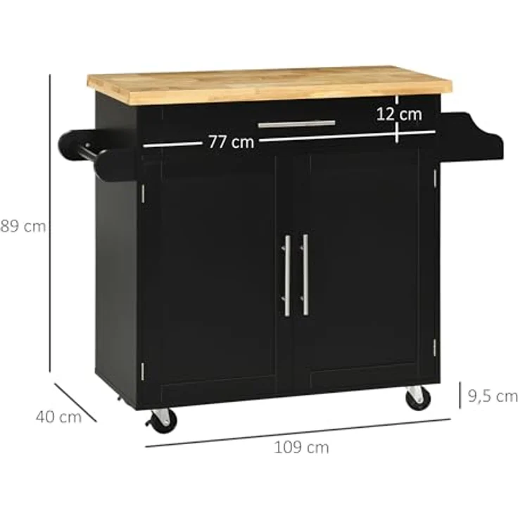 HOMCOM Servierwagen Küchenwagen mit Gewürzregal, Handtuchhalter, Arbeitsplatte, (Rollwagen, 1 St, Küchentrolley), für Wohnzimmer Esszimmer Schwarz 109 x 40 x 89 cm – Bild 8
