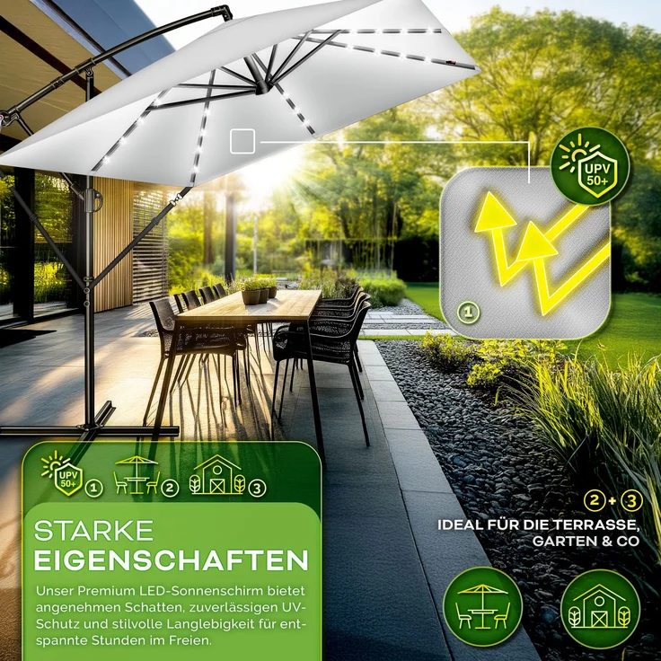 tillvex® Alu Sonnenschirm Rechteckig Ø 330 cm mit LED Solar Grau + Abdeckung mit Kurbel | Ampelschirm mit Ständer & Windschutz | Gartenschirm UV-Schutz, wasserdicht, 360° drehbar | Kurbelschirm Marktschirm – Bild 3
