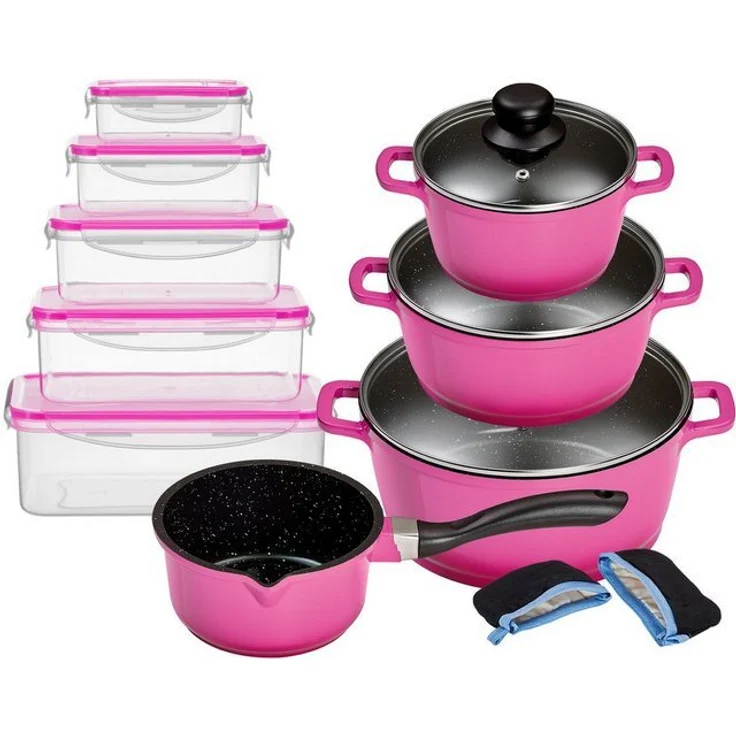 KING Topf-Set ALUGUSS, Aluminiumguss (Set, 19-tlg, je 1 Kochtopf 16/20/24 cm, 1 Stieltopf 16 cm, Vorratsdosen-Set, Grips), Glasdeckel, Keramikantihaftbeschichtung, Induktion – Bild 2
