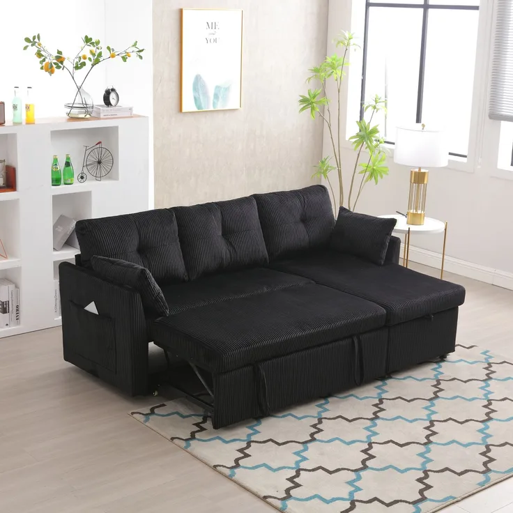 Multifunktionales L-förmiges Schlafsofa mit verstecktem Stauraum, 3 große Kissen, 2 kleine Kissen, seitliche Ablagefächer,Schwarz
