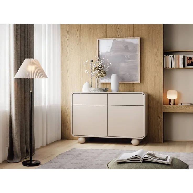 MOEBLO Kommode BERLIN KSZ108 (in Kaschmir, Sideboard mit abgerundeter Form, 2 Türen, 2 Schubladen, Push-to-open und Kugelfüßen, Sideboard Wohnzimmer Kommode Schlafzimmer Komodenschrank), (BxHxT): 108 x 75 x 39 cm