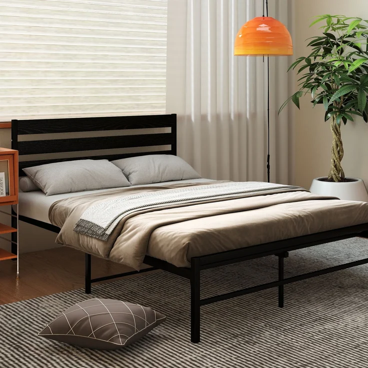 Doppelbett aus Metall mit MDF-Kopfteil, ohne Matratze, 140x200 cm, Schwarz – Bild 2