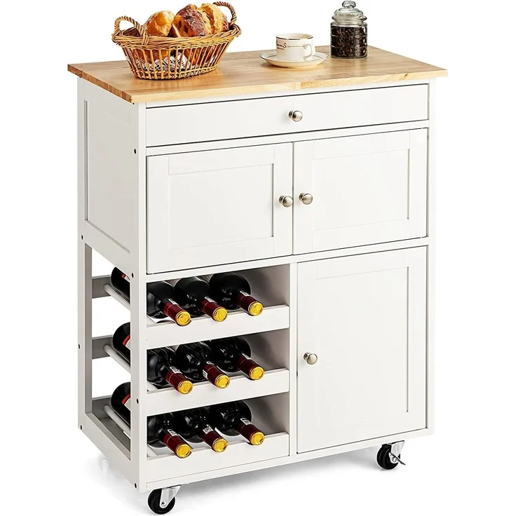 COSTWAY Servierwagen Küchenschrank Küchenwagen Küchentrolley Beistellwagen Küchenregal Rollwagen Weinregal Weinschrank Holz weiss – Bild 1