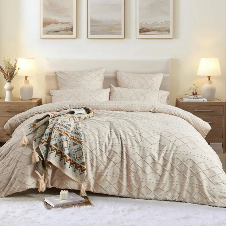ibettertec Bettwäsche Boho Bettwäsche Beige Getuftet Geometrisches Muster Bettbezüge, Stickerei Boho Bettwäsche und Kissenbeüge 80x80cm mit Reißverschluss – Bild 2