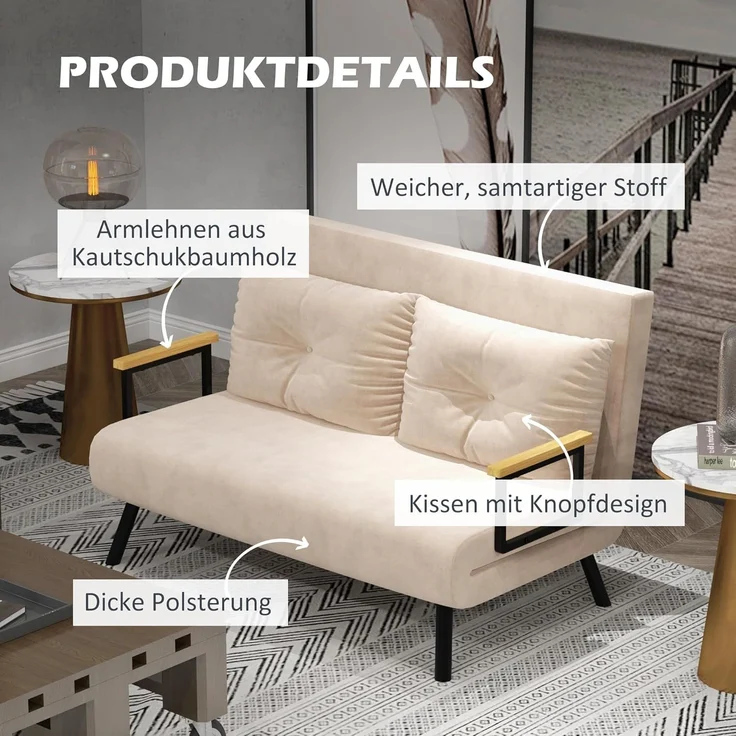 HOMCOM Schlafsofa Relaxsessel mit Bettfunktion, Klappsofa mit Samtoptik, Polstersofa 1 Teile, mit Verstellbarer Rückenlehne, Beige, 102 x 73 x 81 cm – Bild 6