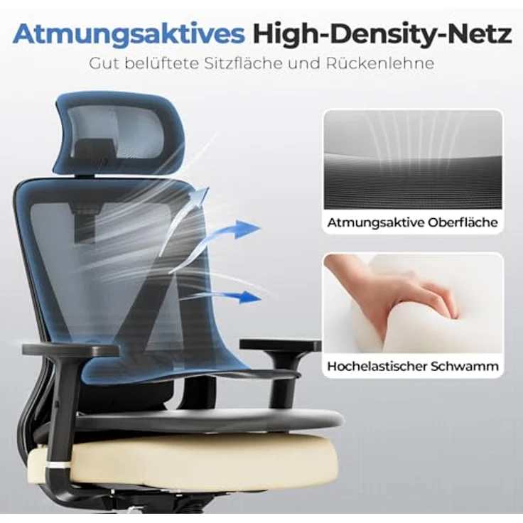 COMHOMA Bürostuhl Ergonomisch [TESTSIEGER], Schreibtischstuhl mit 3D-Kopfstütze & 3D-Lendenwirbelstütze, verstellbare Armlehnen, Office Chair mit Wipp- und Kippfunktion – Bild 4