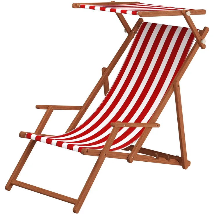Gartenliege rot-weiß Strandliege Sonnenliege Holz Relaxliege Sonnendach Strandstuhl 10-314 S