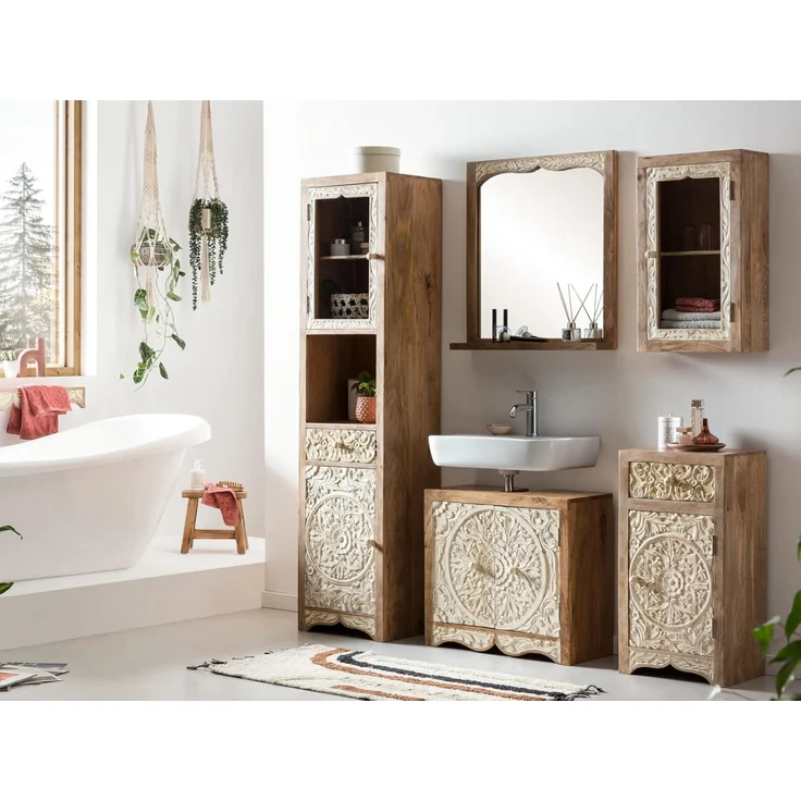 Hochschrank Delhi aus Mangoholz: Rustikales Design, Matt Lackiert, Wasserabweisend - 185x45x35cm, Braun – Bild 2