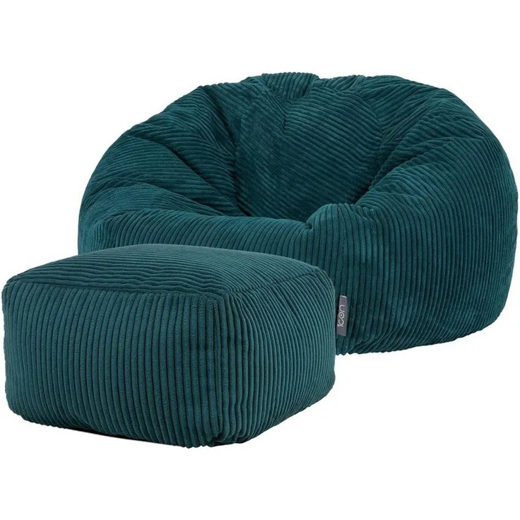 Icon Klassischer Sitzsack Flauschig aus Cord „Kingston“ mit Hocker, Blaugrün, Cord Sitzsack Erwachsene mit Füllung, Indoor Sitzsack Kuschelig Groß