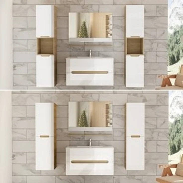 Badezimmermöbel Set 90 cm Weiß Hochglanz, Waschtisch, Spiegel & Unterschrank – Bild 6