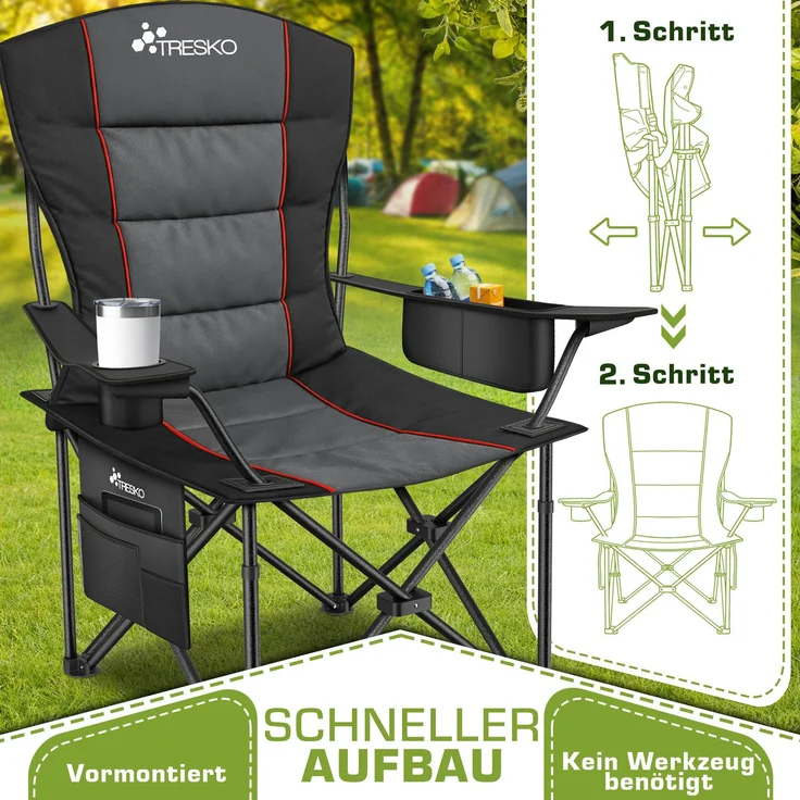 TRESKO® Campingstuhl Faltbar bis 200kg | Faltstuhl mit Kühltasche, Getränkehalter & Seitentasche | Klappstuhl XXL inkl. Tragetasche | Angelstuhl gepolstert für Outdoor, Angeln, Festival & Garten – Bild 3