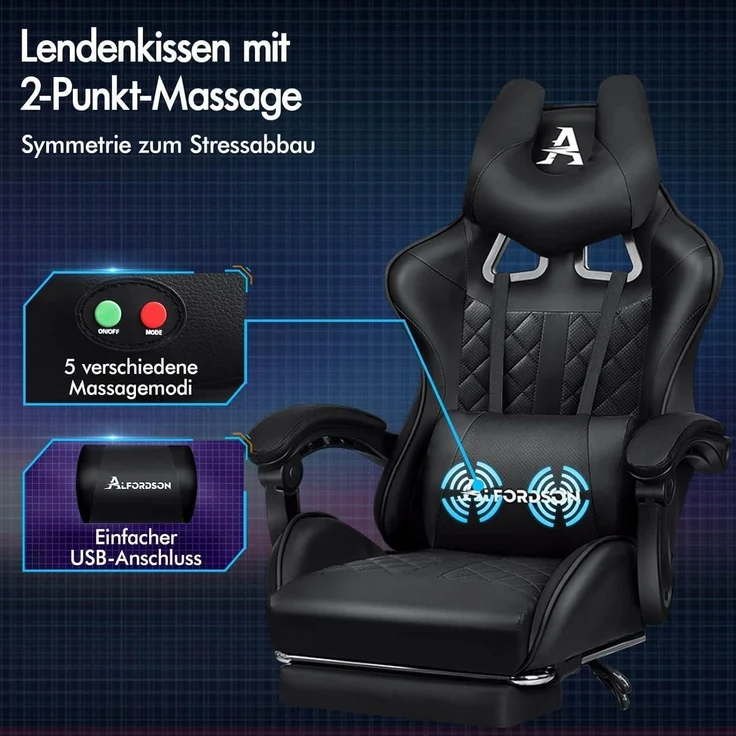 ALFORDSON Gaming-Bürostuhl mit Fußstütze und Lendenkissen, Schwarz Ethan – Bild 5