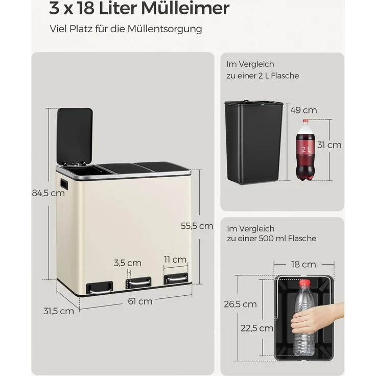SONGMICS Mülleimer Küche, 3 x 18 L, Mülltrennsystem 3 Fächer, Abfalleimer, Treteimer, für gelben Sack – Bild 5