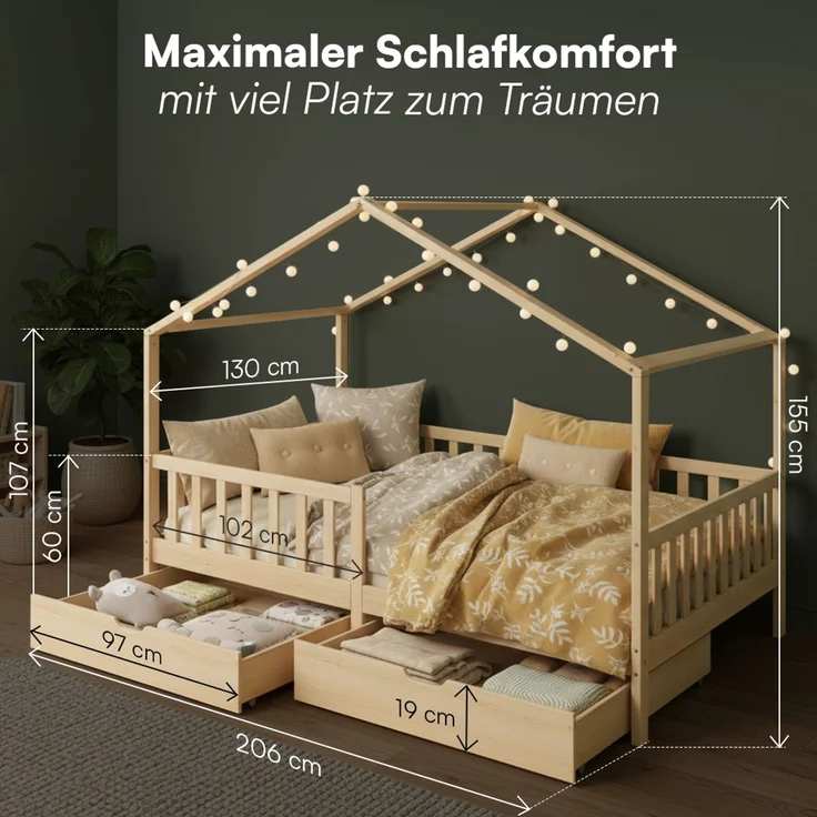 Bellabino 'Bia' Hausbett 120x200 cm mit Matratze und 2 Schubladen, natur, Kiefer Massivholz, Montessori Kinderbett mit Stauraum, inkl. Rausfallschutz und Lattenrost – Bild 9