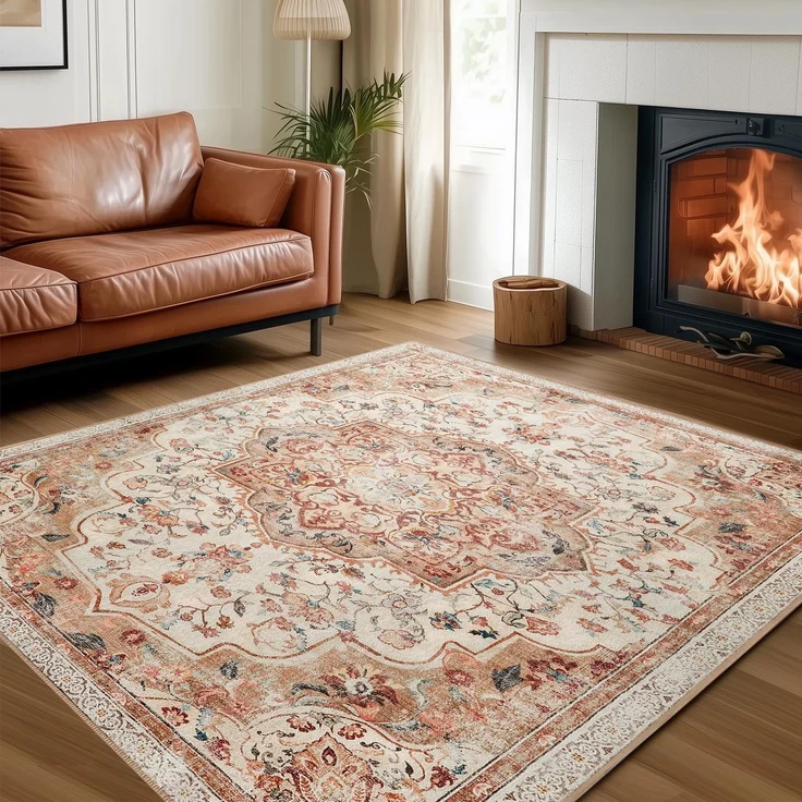 SONGMICS Wohnzimmerteppich Waschbar rutschfest, Boho, 200x290 cm | Kurzflor Teppich Faltbar, Dekoration für Schlafzimmer, Cappuccinobeige und Kamelbraun, Verina Kollektion TAR310L01