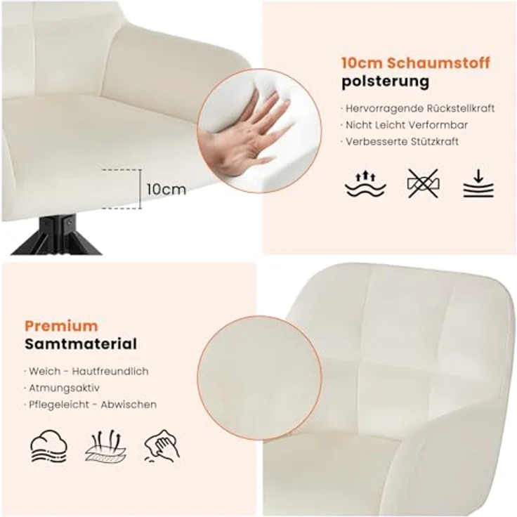 Sweetcrispy Esszimmerstuhl, 360° Drehstuhl Esszimmer, Küchenstuhl, Samt Schminktisch Stuhl, bis 120 kg belastbar, Sessel mit Armlehnen Stahlbeine, Schreibtischstuhl für Arbeitszimmer, Beige – Bild 5