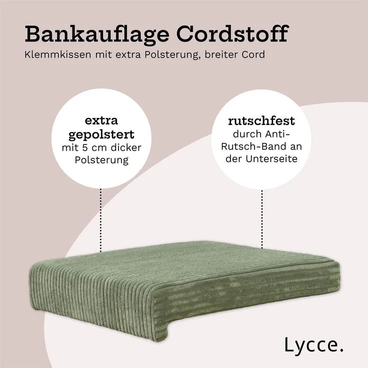 Lycce Bankauflage Klemmkissen mit Leiste - Cord, Polsterung, rutschfest Salbeigrün 8x40x38cm – Bild 3