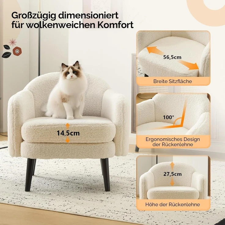 Sessel Cocktailsessel Loungesessel Clubsessel 113kg Teddy-stoff Weiß – Bild 4