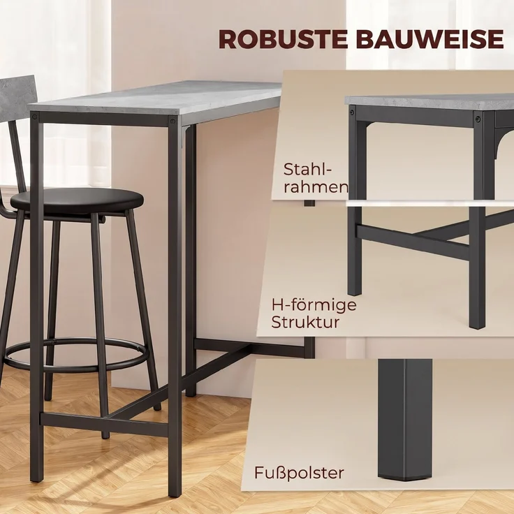 HOMCOM Bartisch mit Barhocker Set, MDF, Stahl, Grau, 100L x 40B x 90,5H cm – Bild 7