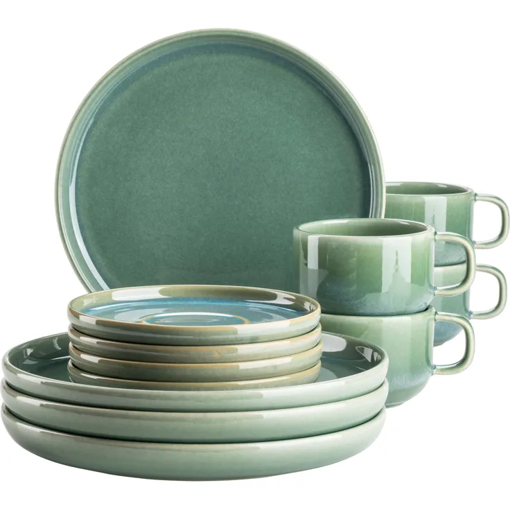 Modernes Kaffeegeschirr Set mit unregelmäßiger Effektglasur für 4 Personen, mit Dessertteller, Kaffeetassen und Untertassen, 12-teiliges Kaffeeservice; Grün