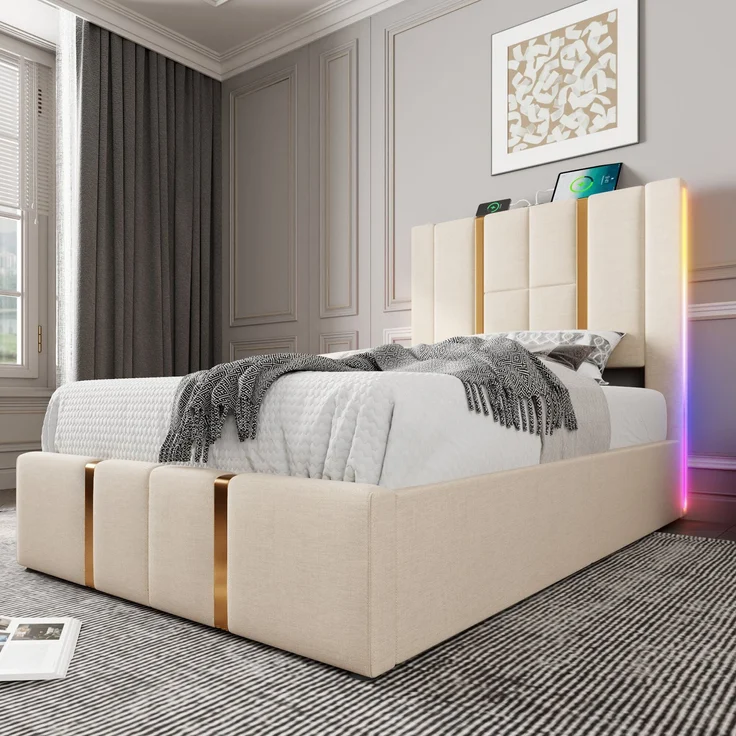 Polsterbett aus Leinen mit LED & USB-Anschluss, Stauraum, 90x200 cm, Beige, ohne Matratze – Bild 1