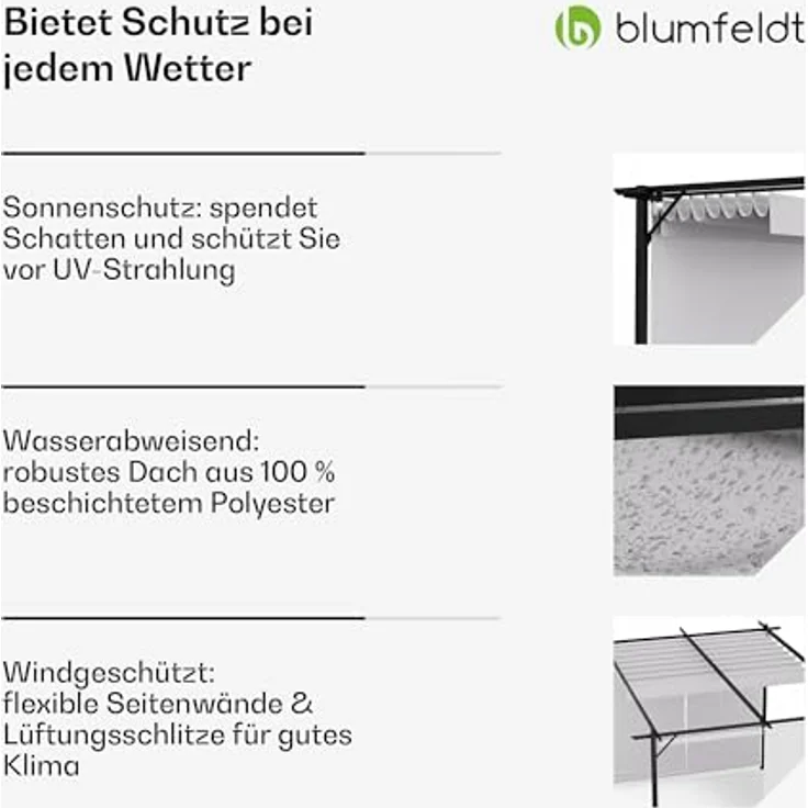 blumfeldt Pavillon Pantheon Robust Pergola 3x4 m, wetterbeständig mit Stahlrahmen und Polyesterdach, inklusive seitlichen Rollläden – Bild 6