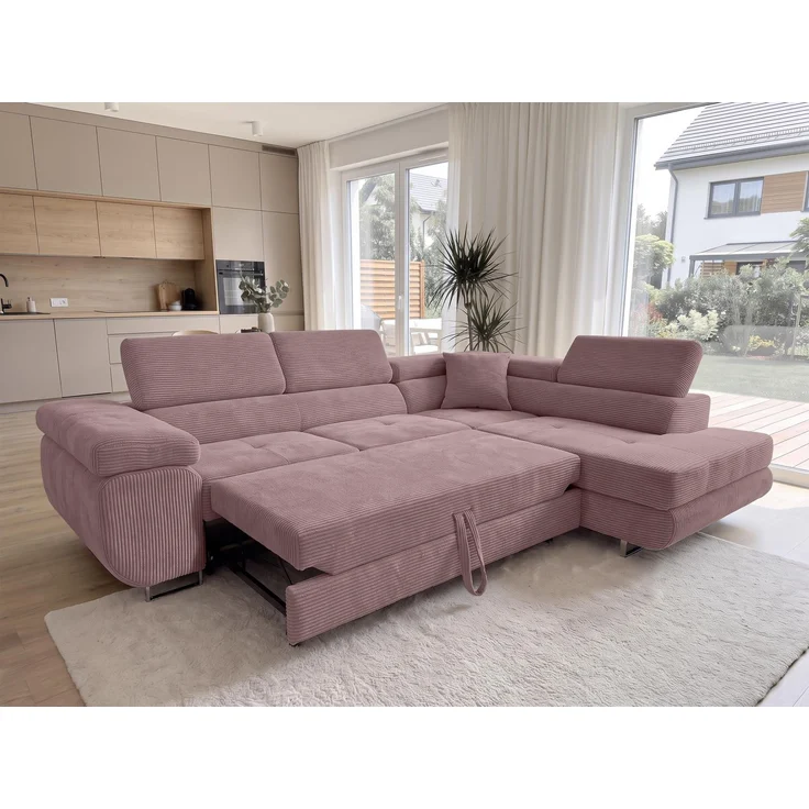 AX LIVING Konak Cord-Schlafsofa R Rosa 276 cm breit mit Bettkasten, Kopfstützen – Bild 2
