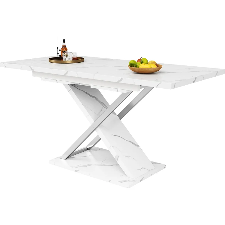 Teleskop-Esstisch 118–157 cm mit Marmormuster MDF-Platte, robustes Kreuzbein-Design, Metall-Teleskopstange, 76.4cmx118-157cmx75cm – Bild 9