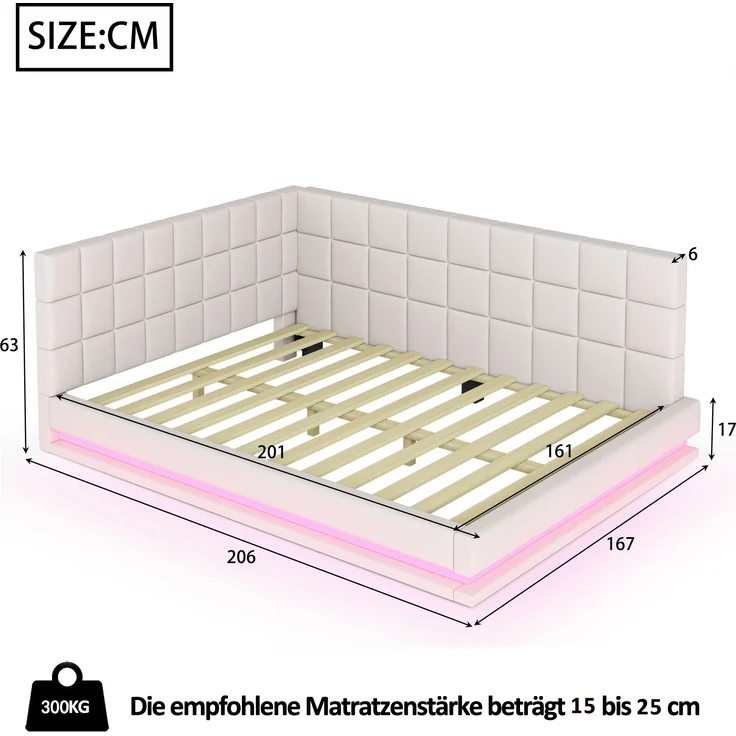 Polsterbett 160x200 cm aus Leinen mit LED-Beleuchtung und USB-Anschluss – Schlafsofa mit Lattenrost – Bild 5